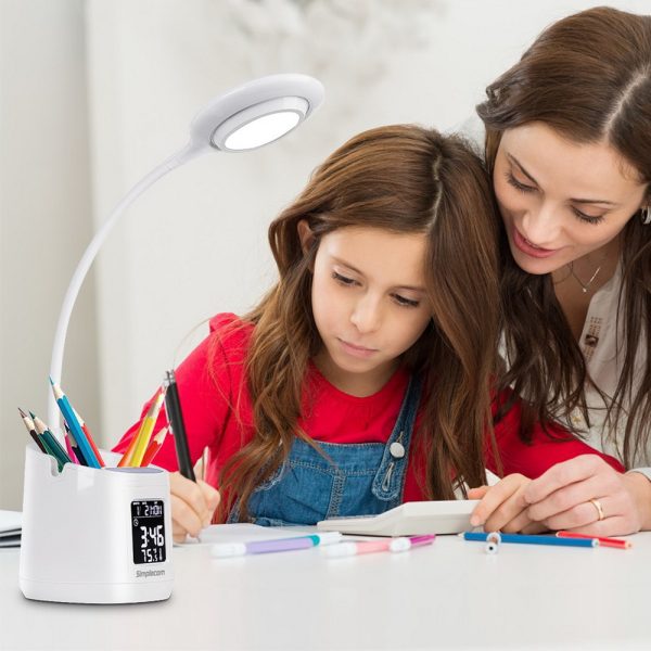 LED Desk Lamp with Pen Holder and Digital Clock Rechargeable