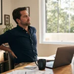 Australian man at home office desk with hand on lower back — sore lower back from prolonged sitting