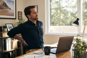 Australian man at home office desk with hand on lower back — sore lower back from prolonged sitting