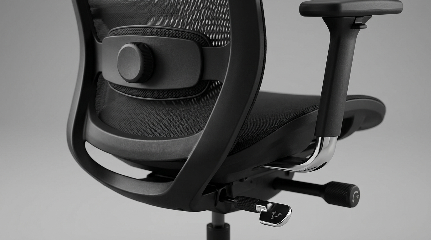 Close-up of adjustable lumbar support and tilt controls on an ergonomic office chair