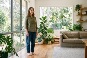 Woman standing with relaxed upright posture at home