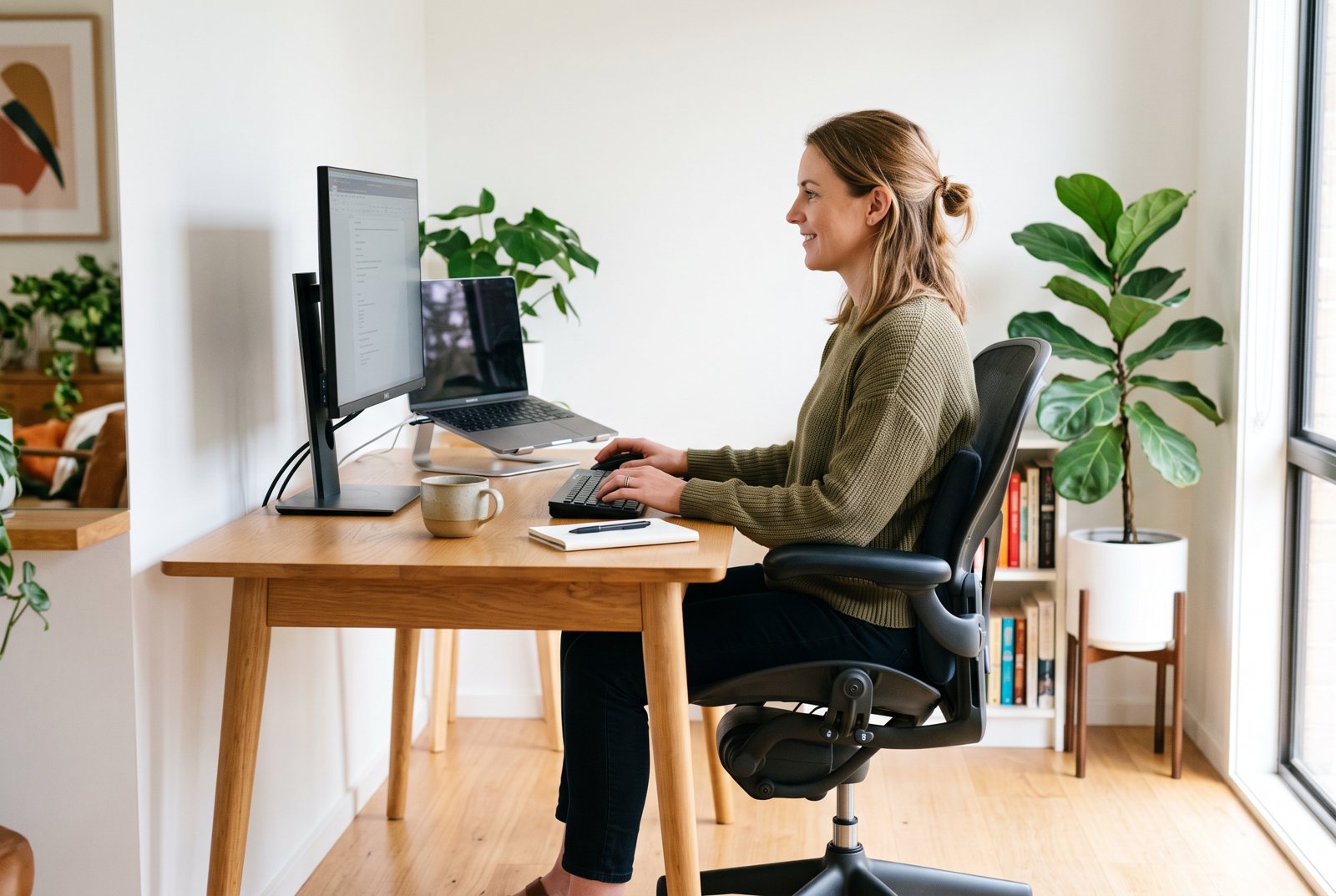 Neutral sitting posture at a desk with a lumbar support cushion and the monitor at eye level