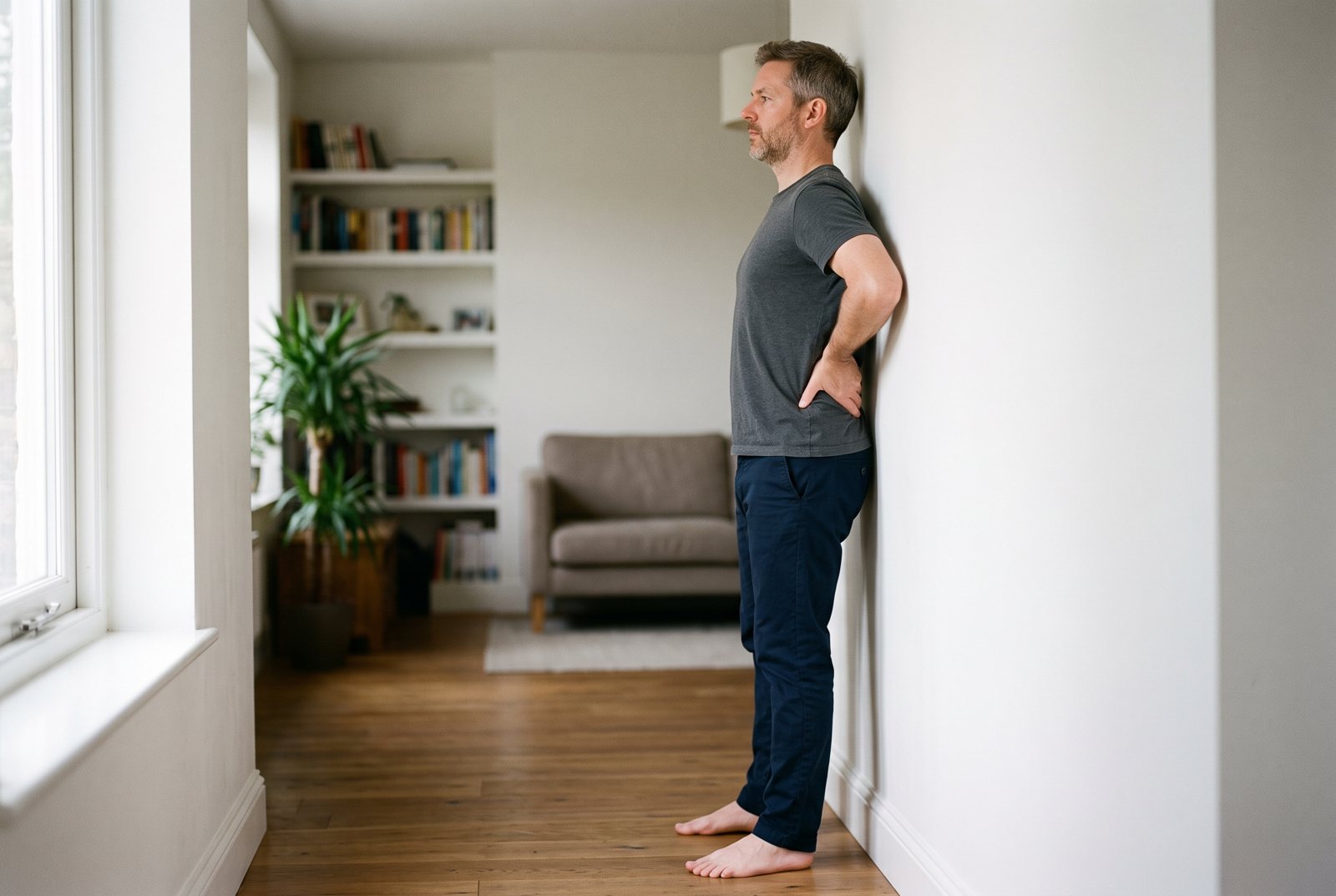 The wall test: head, shoulder blades and buttocks against the wall with a hand-width gap at the lower back